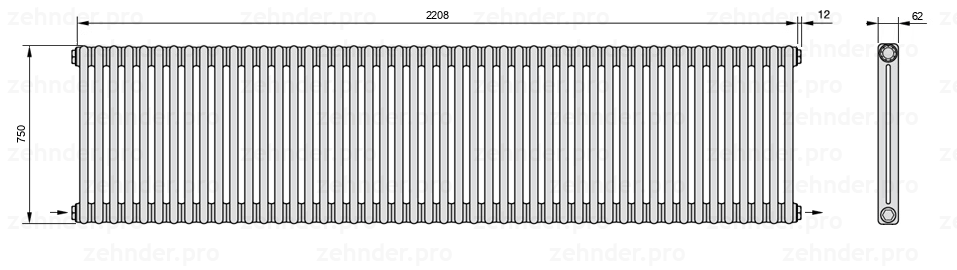 Схема (чертеж) Радиатор Zehnder Charleston 2075/48 №2670 Белый глянцевый RAL 9016